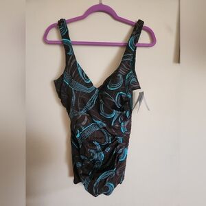 Maxine one piece swimsuit brown aqua sparkly swirls NWT 18
